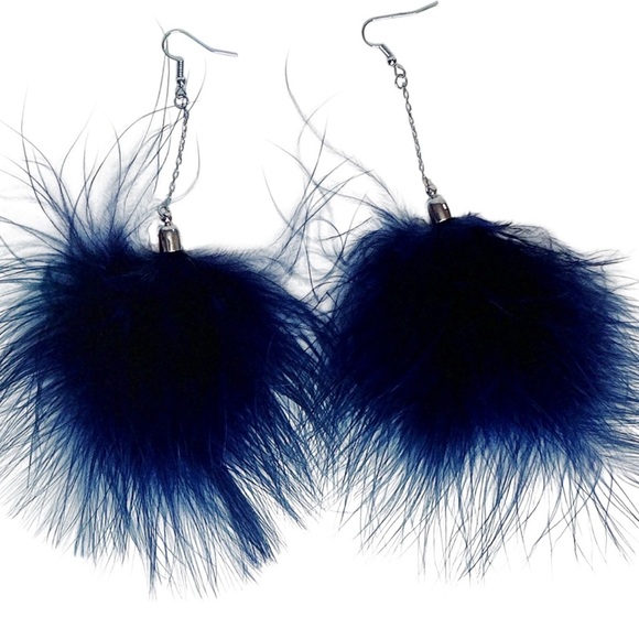 Navy Blue Feather Statement Earrings Drop Dangle Lightweight Fluffy Boho Trendy - Picture 5 of 6